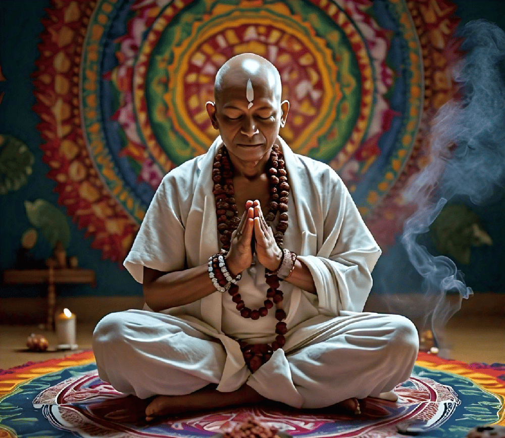 peaceful setting of a person meditating with a Rudraksha mala, emphasizing the calming effects of the beads on the mind and spirit